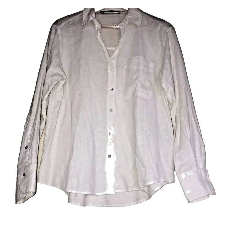 Zara White Linen Blend Button Down Shirt Long Sleeve Women's Size Small - Picture 3 of 6